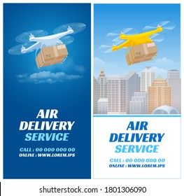 Aerial Fast And Safe Delivery By Drone Or Quadcopter. Drone Flies With A Parcel In The Cardboard Package On Blue Sky Background With Clouds And Cityscape. Vector Illustration.