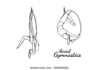 Aerial female gymnast set. Aerial gymnastics strength iproving pose. Engraved vector illustration isolated on white background