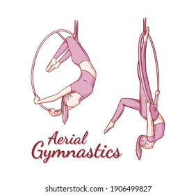 Aerial female gymnast set. Aerial gymnastics strength iproving pose. Colored engraved vector illustration isolated on white background