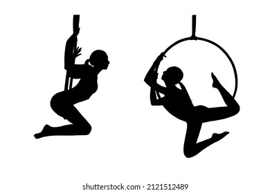 Aerial female gymnast silhouette in hoop. Aerial gymnastics stunt. Vector illustration isolated on white background