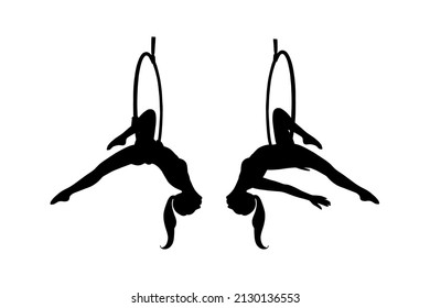 Aerial female gymnast silhouette in hoop. Aerial gymnastics stunt. Vector illustration isolated on white background