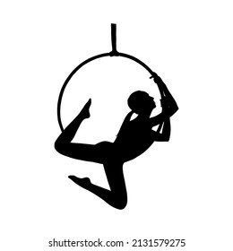 Aerial female gymnast silhouette in hoop. Aerial gymnastics stunt. Vector illustration isolated on white background