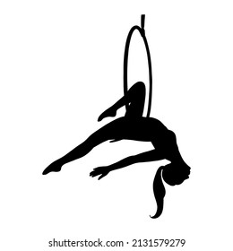 Aerial Female Gymnast Silhouette In Hoop. Aerial Gymnastics Stunt. Vector Illustration Isolated On White Background