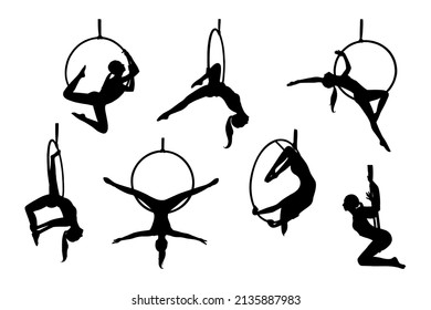 Aerial female gymnast silhouette in hoop. Aerial gymnastics stunt. Vector illustration isolated on white background