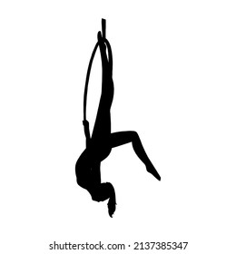 Aerial Female Gymnast Silhouette In Hoop. Aerial Gymnastics Stunt. Vector Illustration Isolated On White Background