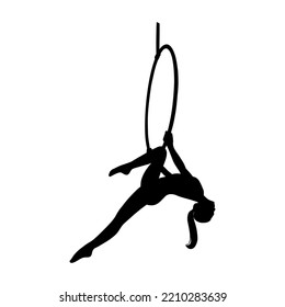 Aerial female gymnast silhouette in hoop. Aerial gymnastics stunt. Vector illustration isolated on white background
