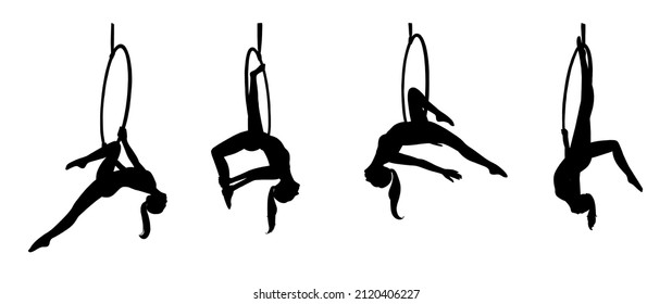 Aerial female gymnast silhouettes in hoop. Aerial gymnastics stunt. Vector illustration isolated on white background