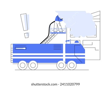 Aerial firefighting ladder abstract concept vector illustration. Group of rescuers extinguish the fire standing on aerial ladder, emergency vehicle, industrial transportation abstract metaphor.