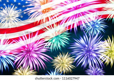 Aerial fireworks display behind a fluttering USA. Flag. 4th of July, Independence Day vector art