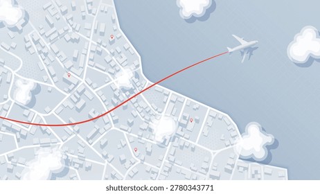 Aerial Flight Path Visualization Over Stylized Urban Terrain with Airplane Icon and Trajectory Line