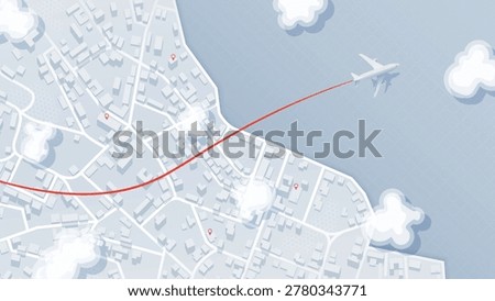 Aerial Flight Path Visualization Over Stylized Urban Terrain with Airplane Icon and Trajectory Line