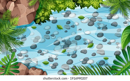 Aerial forest scene with stones in the pond illustration