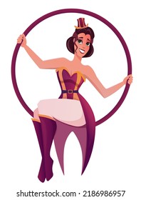 Aerial gymnast girl sit on hoop. Circus gymnast. Cartoon character.