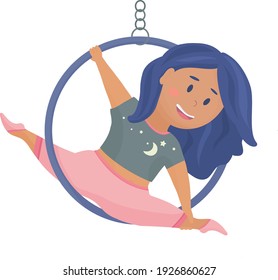Aerial gymnast. Aerial hoop pose. Sporty cartoon girl with blue hair, aerialist on white background. Woman to do the split