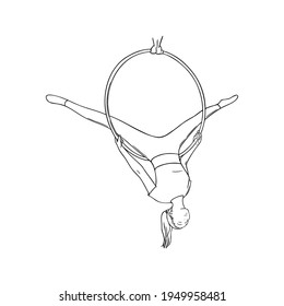 Aerial gymnast sketch. Sportive woman in the aerial hoop. Engraved vector illustration in white background