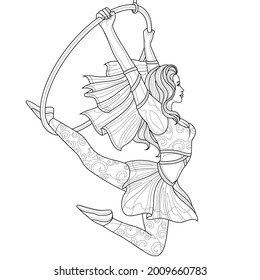 Aerial gymnast.Coloring book antistress for children and adults. Illustration isolated on white background.Zen-tangle style. Black and white drawing.Hand draw