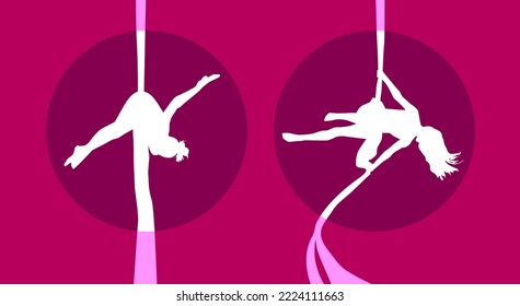 Aerial gymnasts silhouette on silks. Gymnastic elements in the air. Vector illustration for logo, print, t-shirt design.