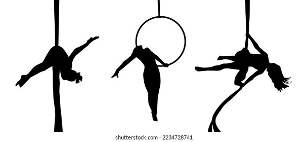 Aerial gymnasts silhouette on silks. Gymnastic elements in the air. Vector illustration for logo, print, t-shirt design.