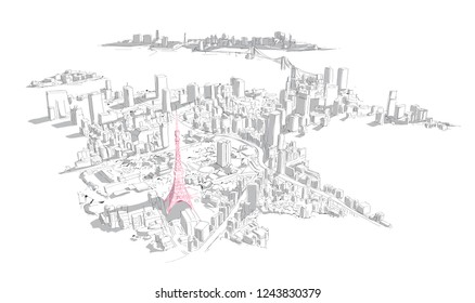 Aerial hand drawn tokyo city view vector sketch illustration