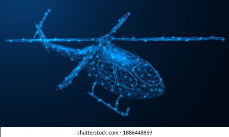 Aerial Helicopter vehicle. Polygonal construction of concatenated lines and points. Blue background.