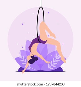 Aerial hoop dancer  vector illustration. Woman  performing on aerial hoop. Aerial logo icon purple colours. Silhouettes of a gymnast in the hoop (LYRA). Air gymnastics concept. Aerial yoga