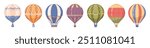 Aerial hot air balloons flat set. Vector transportation with flight. Flying airballoons for traveling. Transport floating aerostats for sky adventure. Symbol of dreams and journey, wanderlust