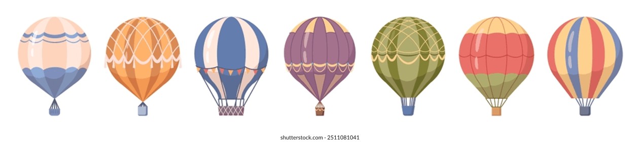 Aerial hot air balloons flat set. Vector transportation with flight. Flying airballoons for traveling. Transport floating aerostats for sky adventure. Symbol of dreams and journey, wanderlust