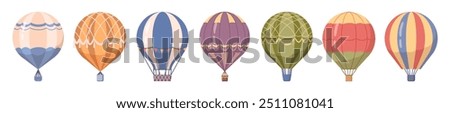 Aerial hot air balloons flat set. Vector transportation with flight. Flying airballoons for traveling. Transport floating aerostats for sky adventure. Symbol of dreams and journey, wanderlust