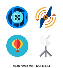 aerial icon set. vector set about hot air balloon, airscrew, satellite dish and drone icons set.