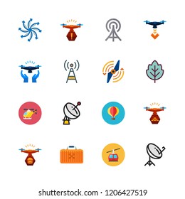 aerial icon set. vector set about airscrew, satellite dish, hot air balloon and radio antenna icons set.