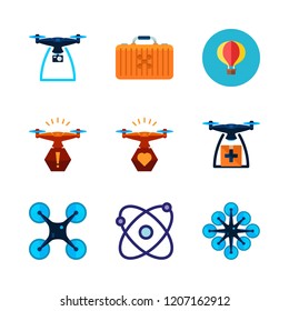 aerial icon set. vector set about hot air balloon, drone, atomic and drone case icons set.