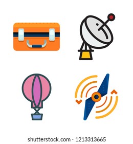 aerial icon set. vector set about hot air balloon, drone case, airscrew and satellite dish icons set.