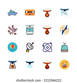 aerial icon set. vector set about drone case, yatch, cable car cabin and airscrew icons set.