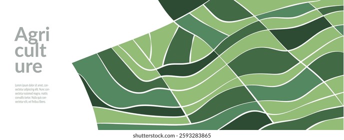 Aerial illustration of farm with green rice field, tea crops, patchwork terraces. Abstract geometric pattern, organic shape. Eco-friendly design. Agriculture, nature, summer landscape in vibrant color