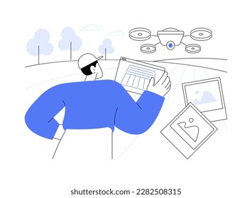 Aerial imagery drones abstract concept vector illustration. Man with tablet controls drones on field, monitor the soil, drone mapping, smart farming, processes and analyzes data abstract metaphor.