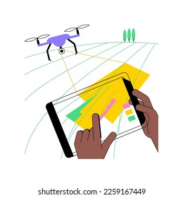 Los drones de imágenes aéreas aislaron ilustraciones vectoriales de dibujos animados. El hombre con tableta controla drones en el campo, monitorea el suelo, mapeo de drones, cultivo inteligente, procesa y analiza dibujos de vectores de datos.