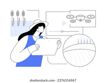 Aerial imagery drones isolated cartoon vector illustrations. Man with tablet controls drones on field, monitor the soil, drone mapping, smart farming, processes and analyzes data vector cartoon.