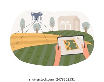 Aerial imagery drones isolated cartoon vector illustrations. Man with tablet controls drones on field, monitor the soil, drone mapping, smart farming, processes and analyzes data vector cartoon.