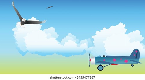 Paisaje Aéreas con un avión en primer plano y águilas en la distancia. Un águila se acercó peligrosamente al avión. Ilustración vectorial. 