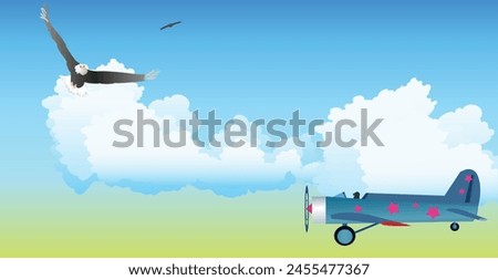 Aerial landscape with an airplane in the foreground and eagles in the distance. An eagle came dangerously close to the plane. Vector illustration. 