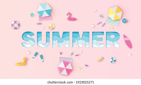 Aerial landscape of summer beach on SUMMER calligraphy shape with beach equipment on sand beach. Aerial landscape of summer beach. Sea calligraphy. paper cut and craft style. vector, illustration.