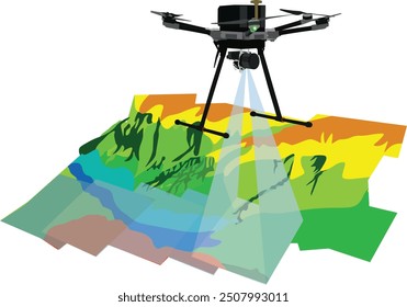 Aerial LiDAR Topographic Survey In Extremely Tall And Dense. Mapping drone result with coloring landscape type of topography isolated on transparent background