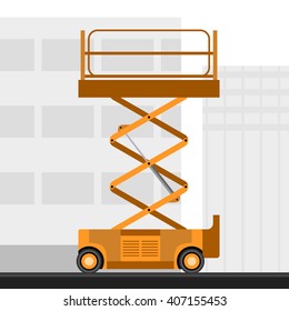 Aerial Man Scissor Lift Crane With Construction Background. Side View Mobile Crane Vector Illustration