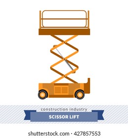 Aerial man scissor lift crane. Side view mobile crane isolated vector illustration