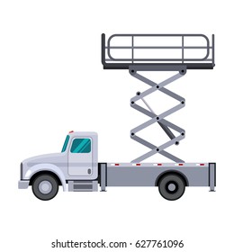 Aerial Man Utility Scissor Lift Truck Crane. Side View Mobile Lift Truck. Isolated Vector Illustration