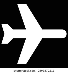 Aerial navigation, sleek, minimalist graphic depicting white airplane against stark black background. Aviation iconography in flight mode.