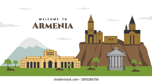 Aerial panorama view of Armenia city landscape travel sights, landmark buildings with Mt Ararat in the background. Beautiful scenery you must visit. The best destination for tourist vacation