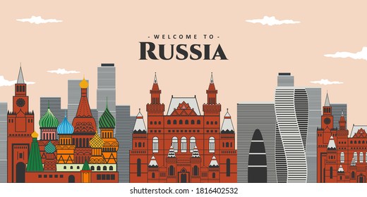 Aerial panoramic city landscape of Russia. The famous buildings landmark is St. Basil's Cathedral, Red Square, Kremlin and Evolution Tower. Enjoying destination for vacation. Vector illustration