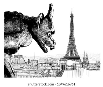 Aerial panoramic view of Paris with gargoyle sculpture on Notre-Dame cathedral in France - vector illustration 