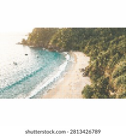 Aerial perspective of serene sandy beach turquoise sea waves crashing on shore lush green vegetation on cliffside scenery.